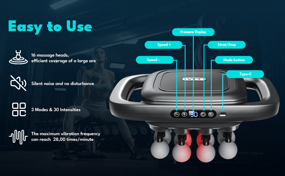 Portable Deep Tissue Massage Gun – 16-Head Muscle Relief & Recovery