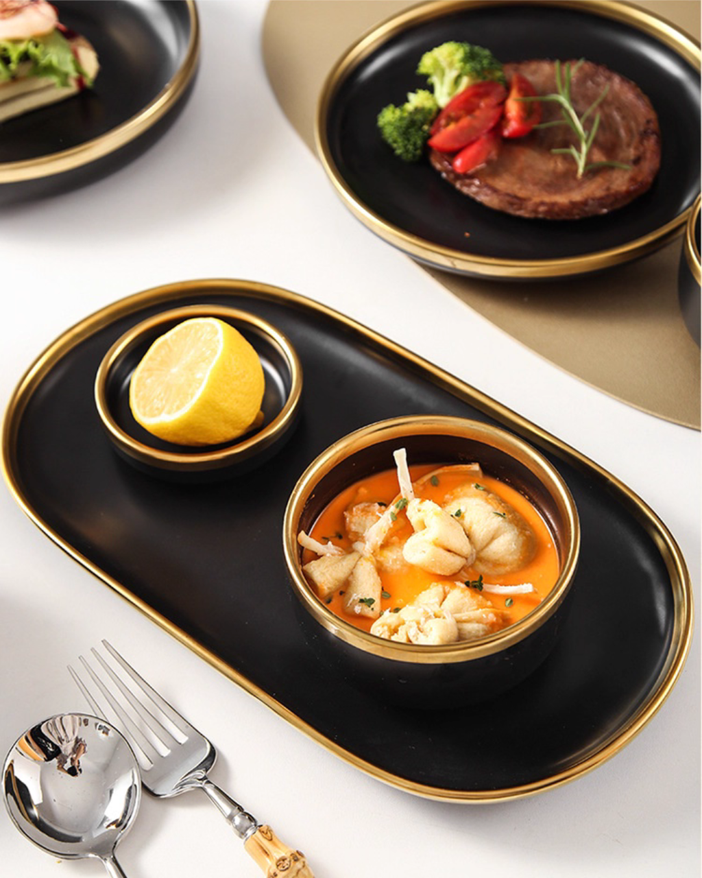 Nordic Matte Black Ceramic Dinnerware Set – Minimalist Gold-Trim Porcelain
