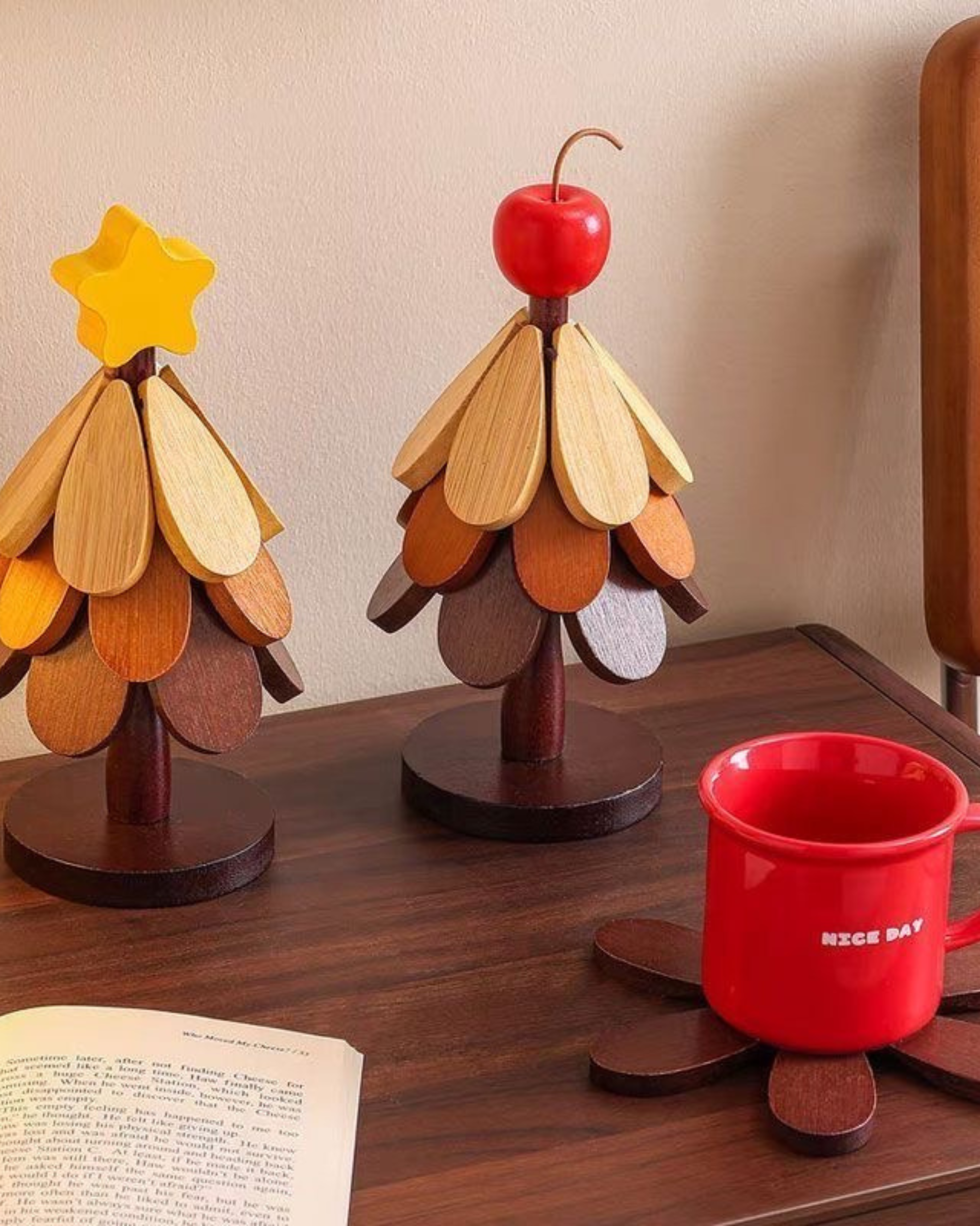 Solid Wood Christmas Tree Trivet & Coaster Set – Heat Resistant