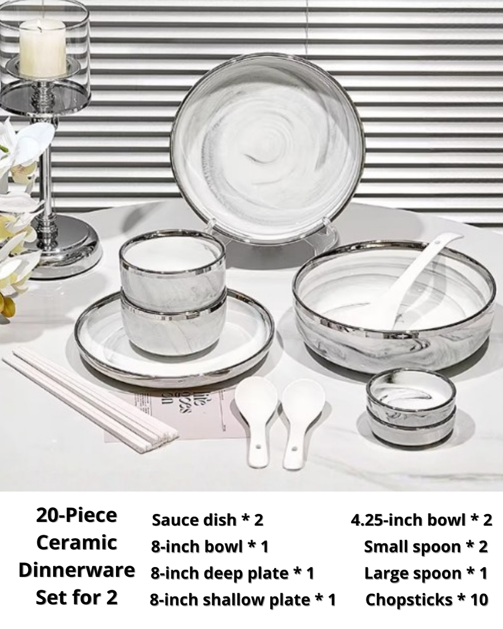 Marble-Style Premium Ceramic Dinnerware Set – Silver-Trim Luxury