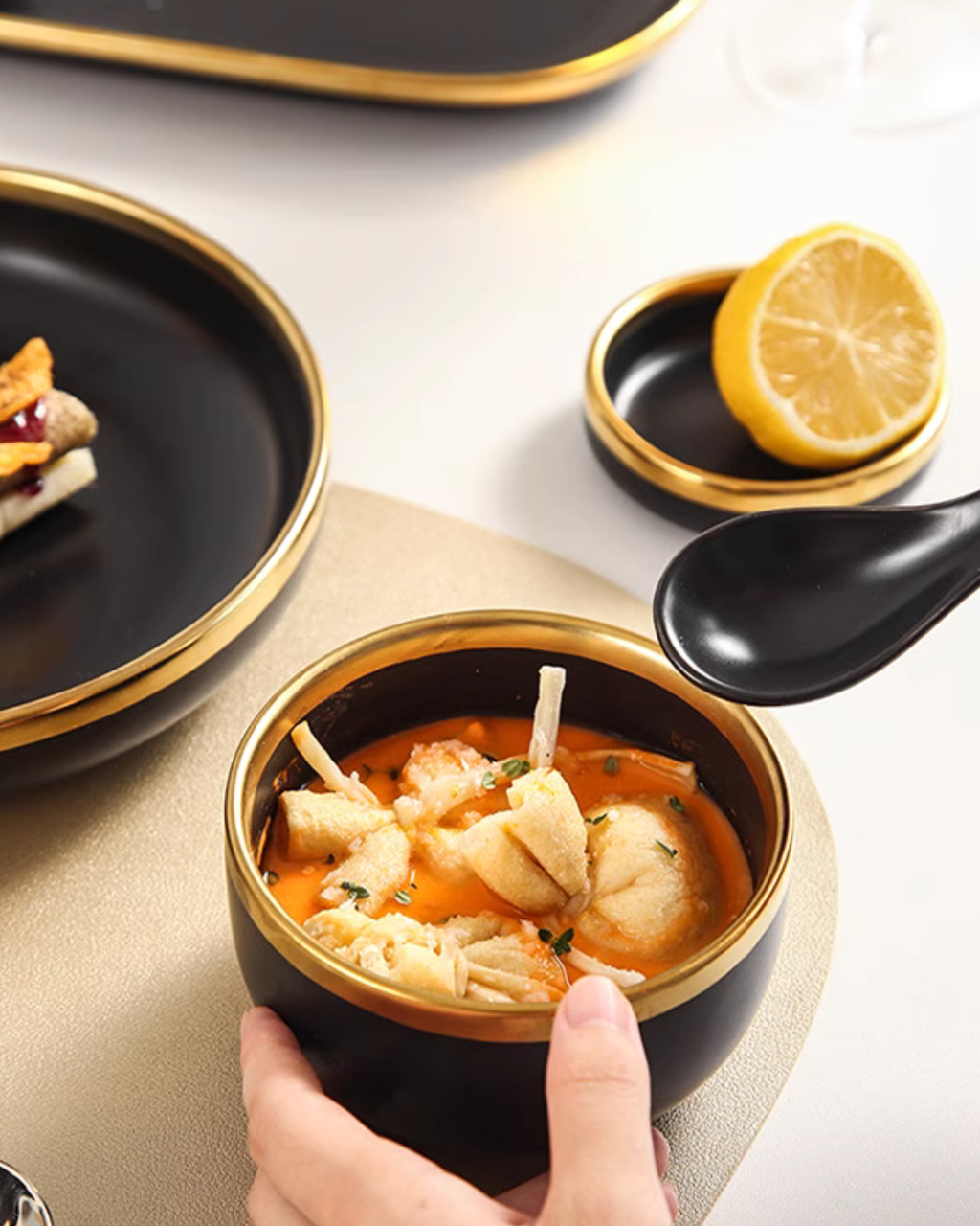 Nordic Matte Black Ceramic Dinnerware Set – Minimalist Gold-Trim Porcelain