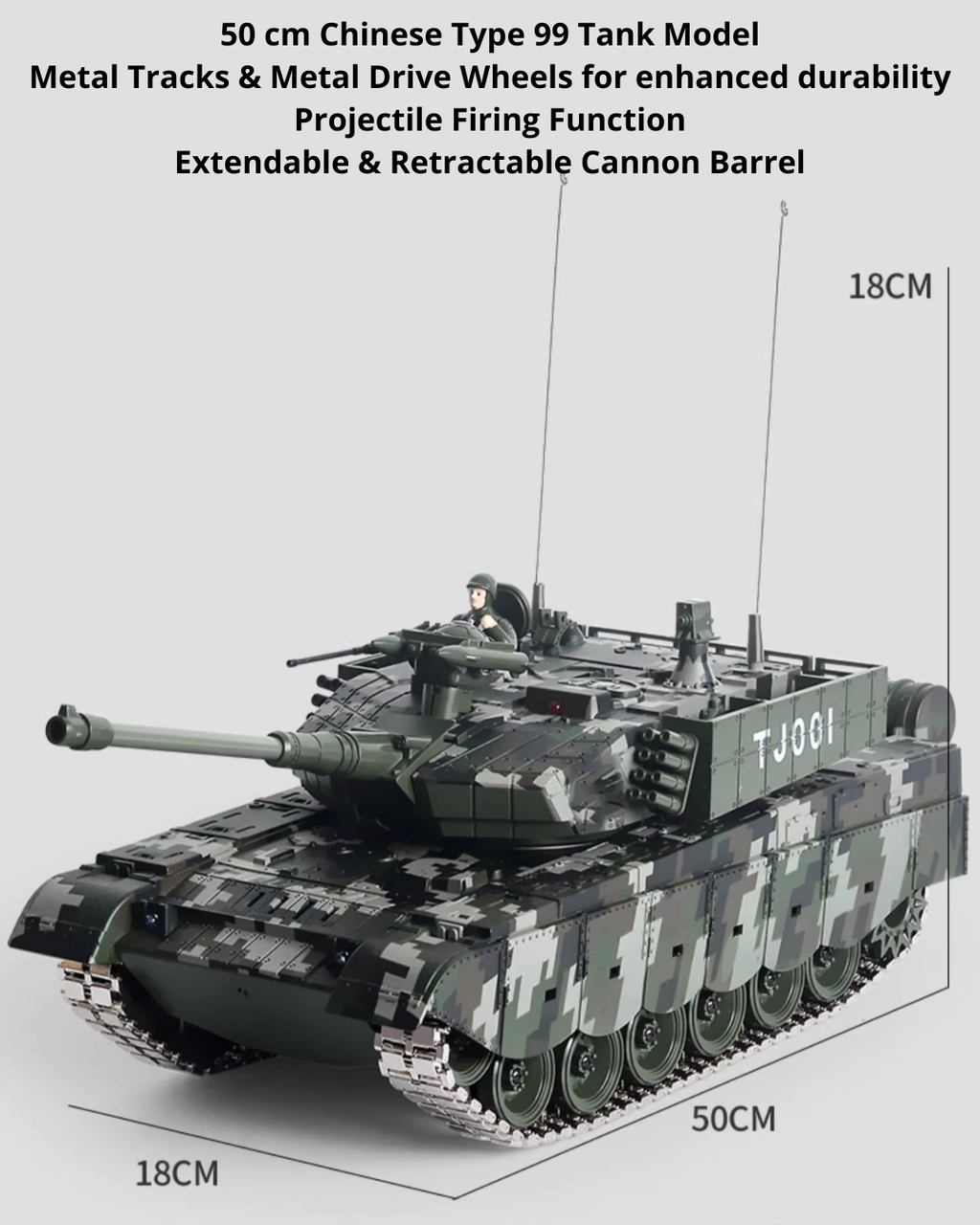 50CM RC Battle Tank with Metal Tracks, 360° Turret & Smoke Effects