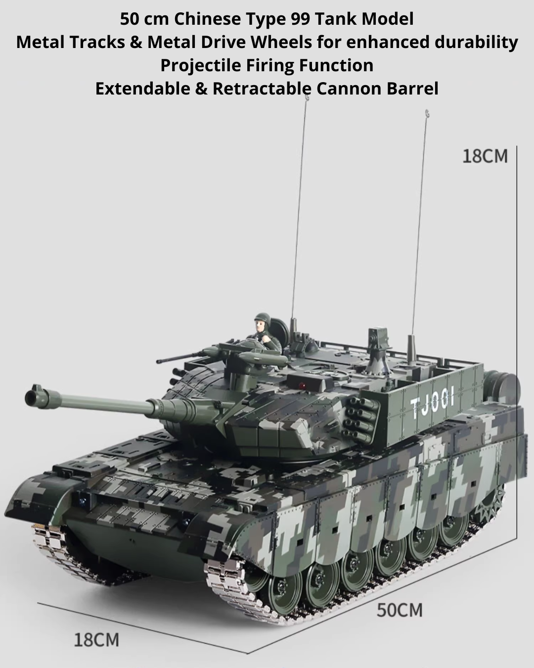 50CM RC Battle Tank with Metal Tracks, 360° Turret & Smoke Effects