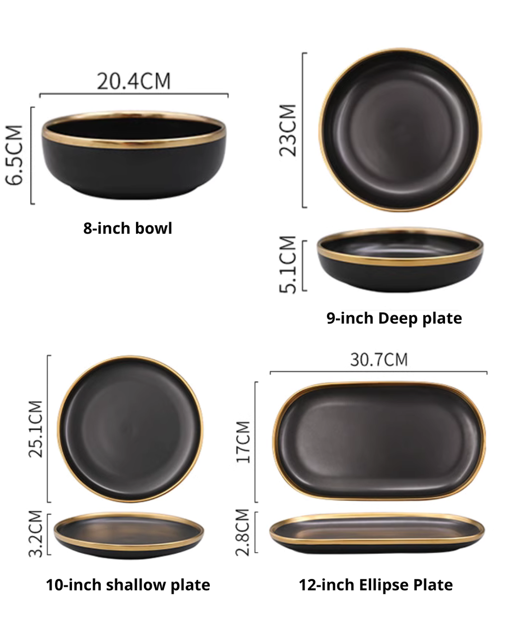 Nordic Matte Black Ceramic Dinnerware Set – Minimalist Gold-Trim Porcelain
