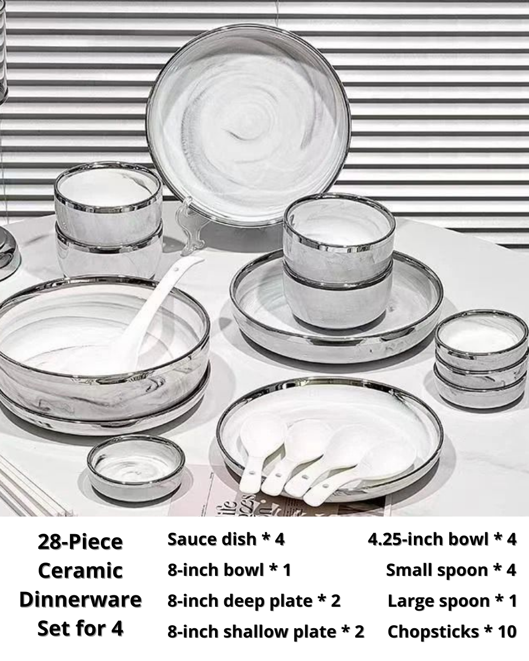 Marble-Style Premium Ceramic Dinnerware Set – Silver-Trim Luxury