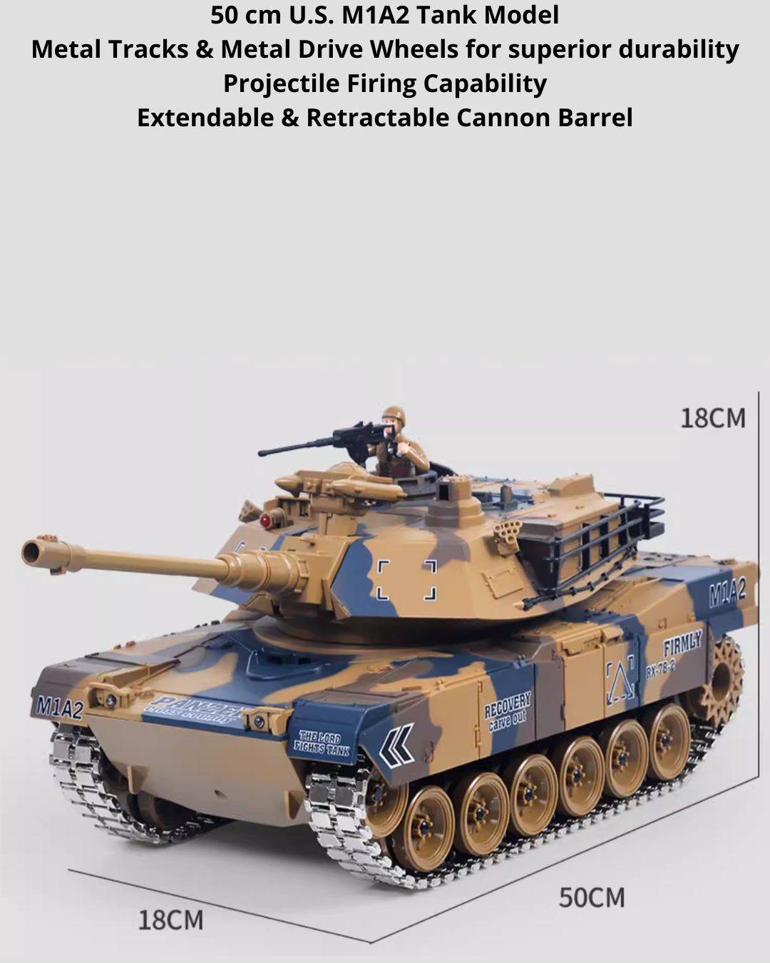50CM RC Battle Tank with Metal Tracks, 360° Turret & Smoke Effects