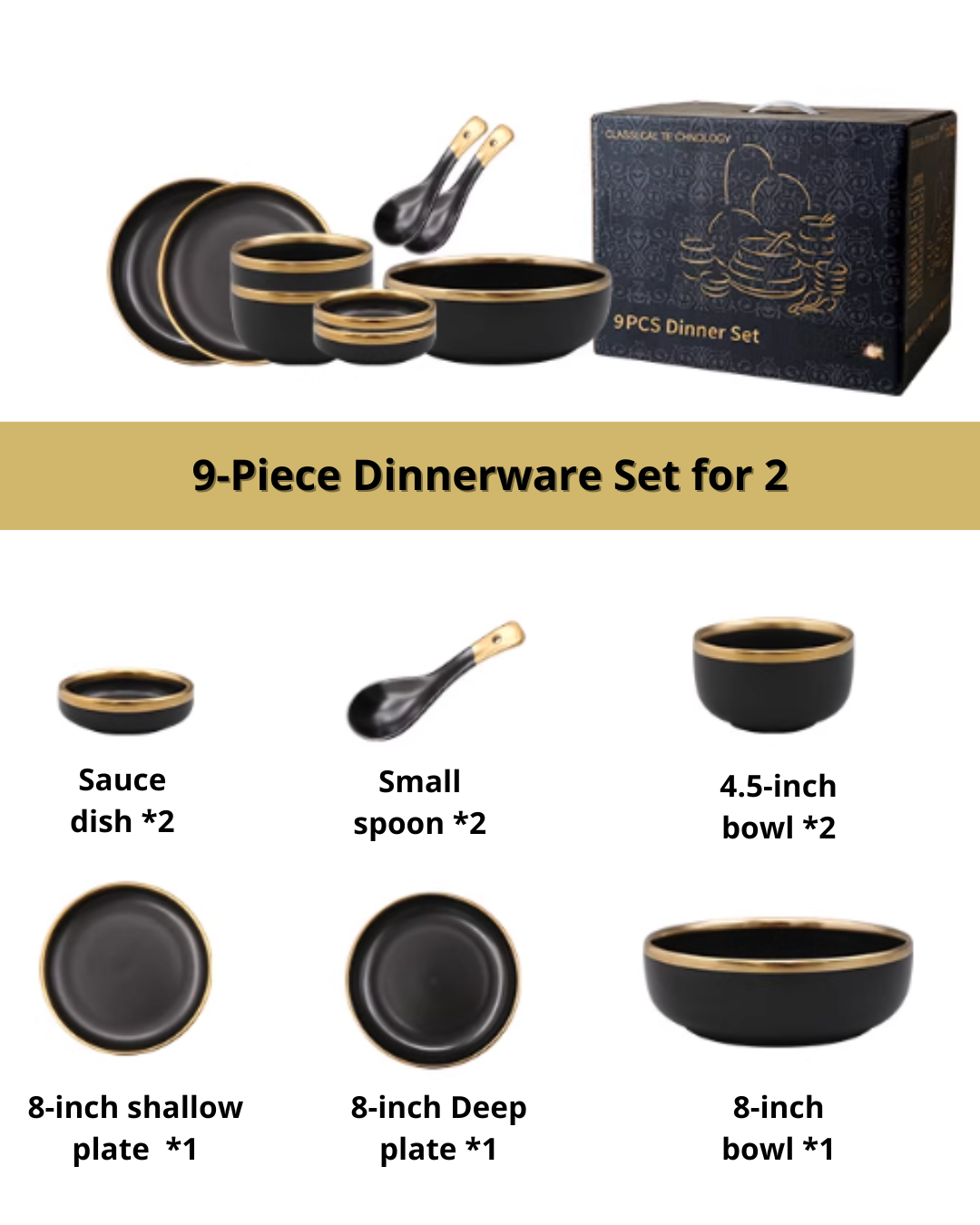 Nordic Matte Black Ceramic Dinnerware Set – Minimalist Gold-Trim Porcelain