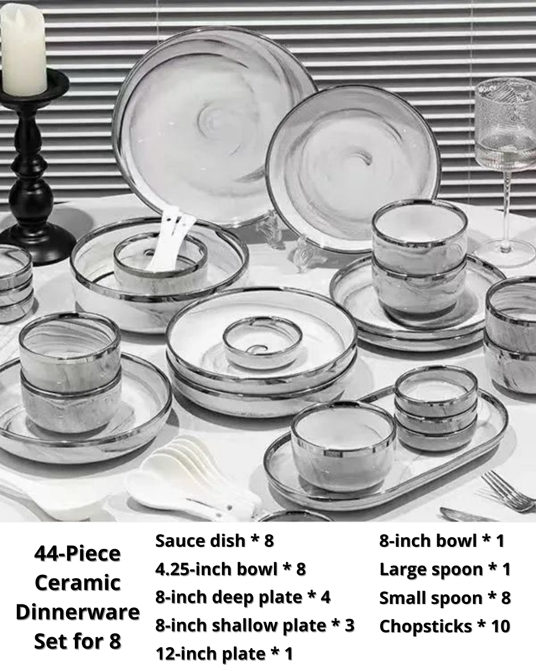 Marble-Style Premium Ceramic Dinnerware Set – Silver-Trim Luxury