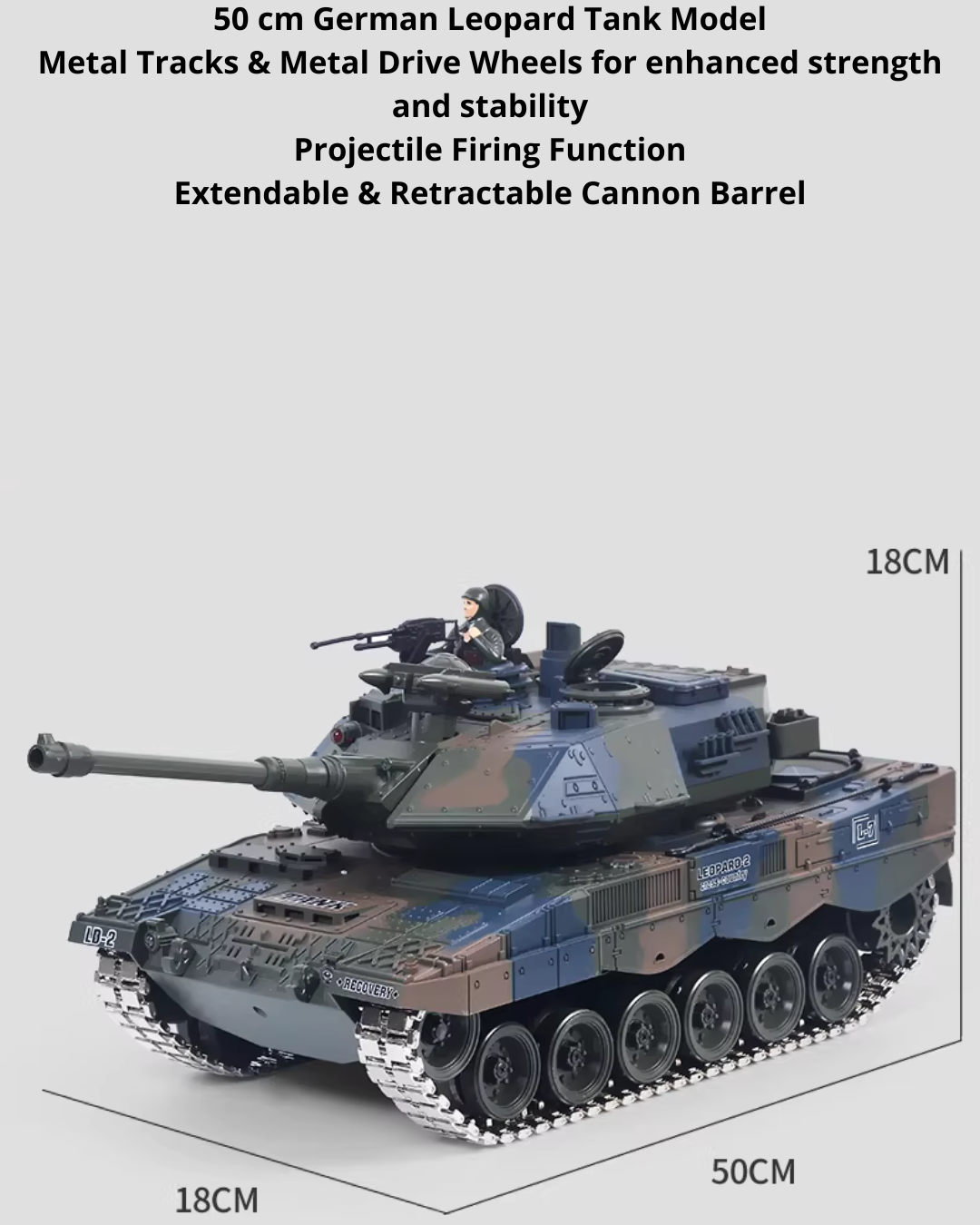 50CM RC Battle Tank with Metal Tracks, 360° Turret & Smoke Effects
