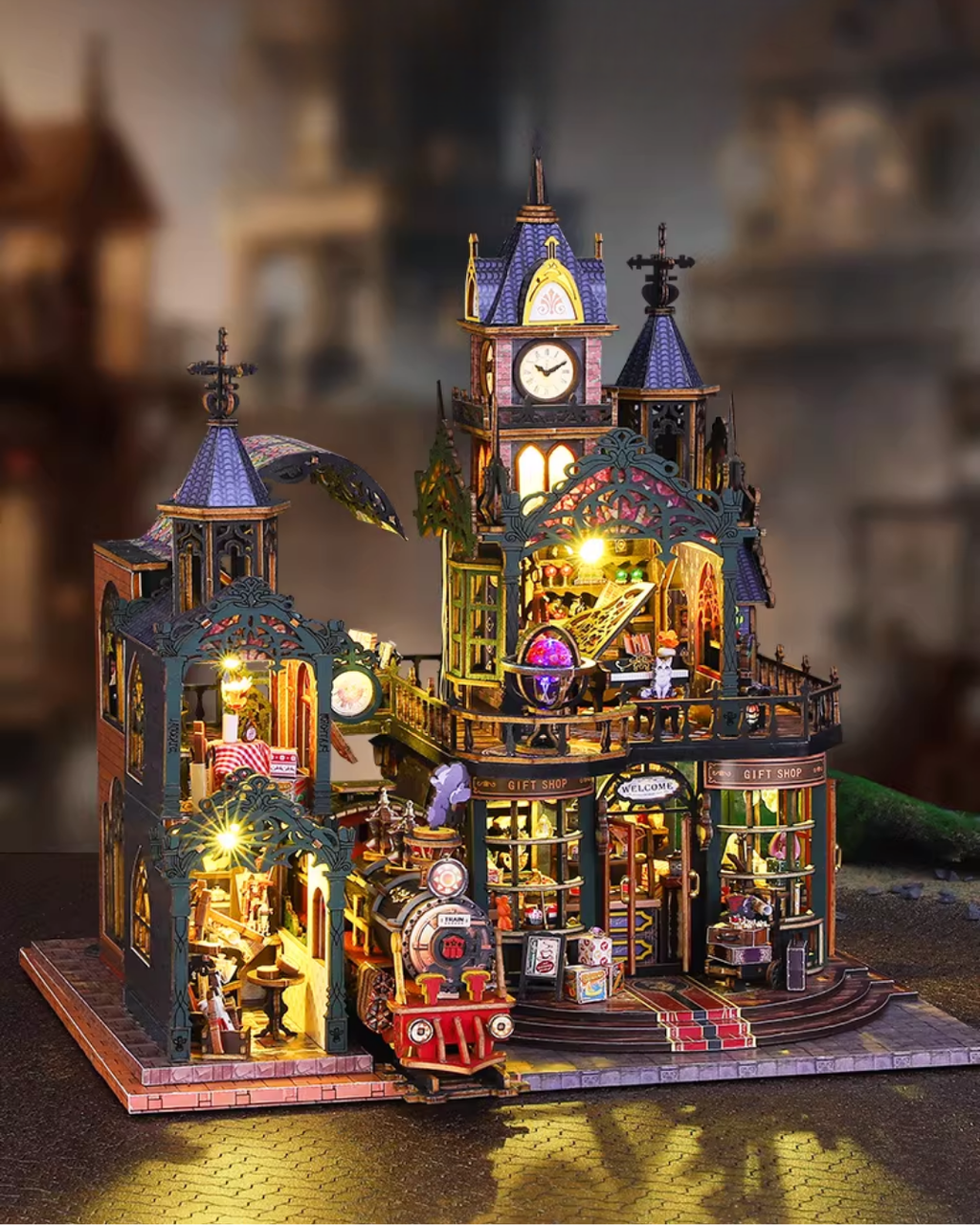 Steampunk DIY Miniature House with Rail Track & LED Lighting