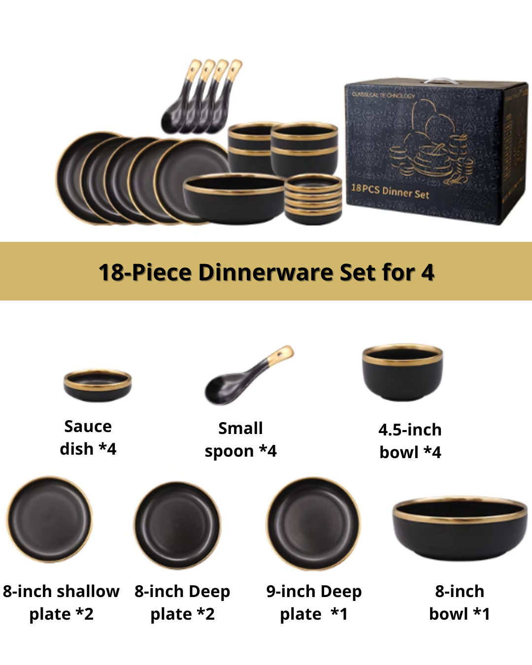 Nordic Matte Black Ceramic Dinnerware Set – Minimalist Gold-Trim Porcelain
