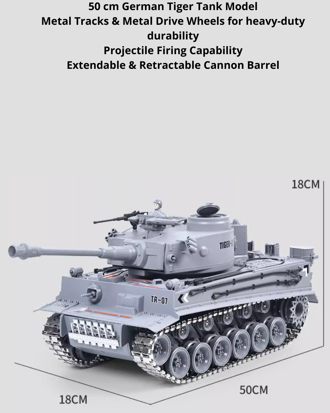 50CM RC Battle Tank with Metal Tracks, 360° Turret & Smoke Effects
