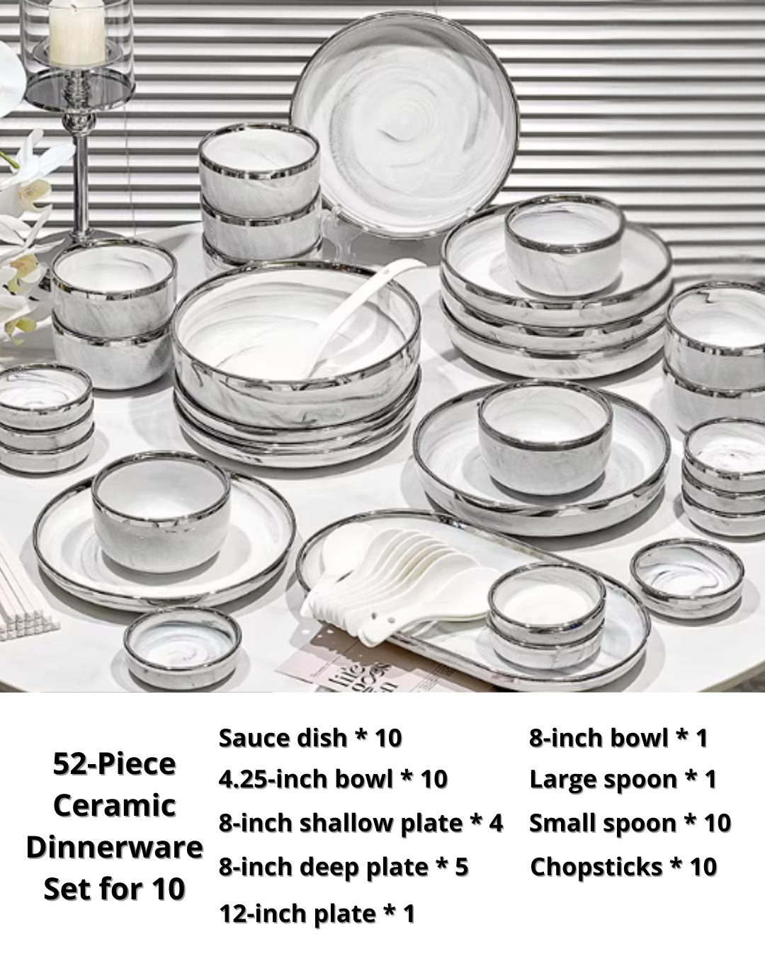 Marble-Style Premium Ceramic Dinnerware Set – Silver-Trim Luxury
