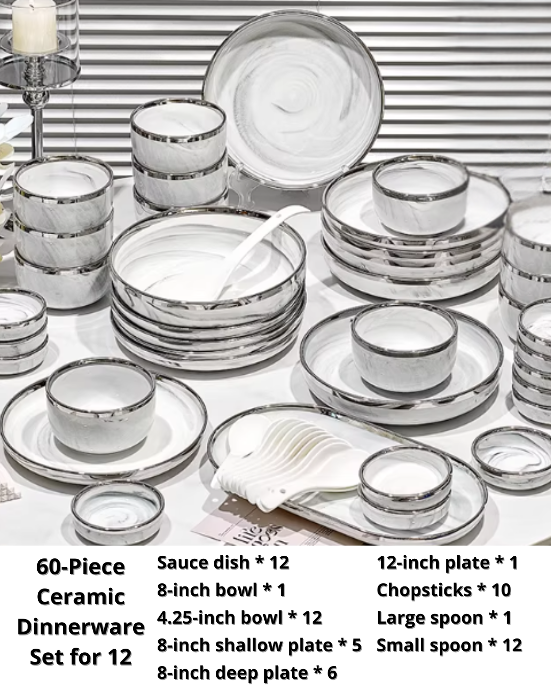 Marble-Style Premium Ceramic Dinnerware Set – Silver-Trim Luxury