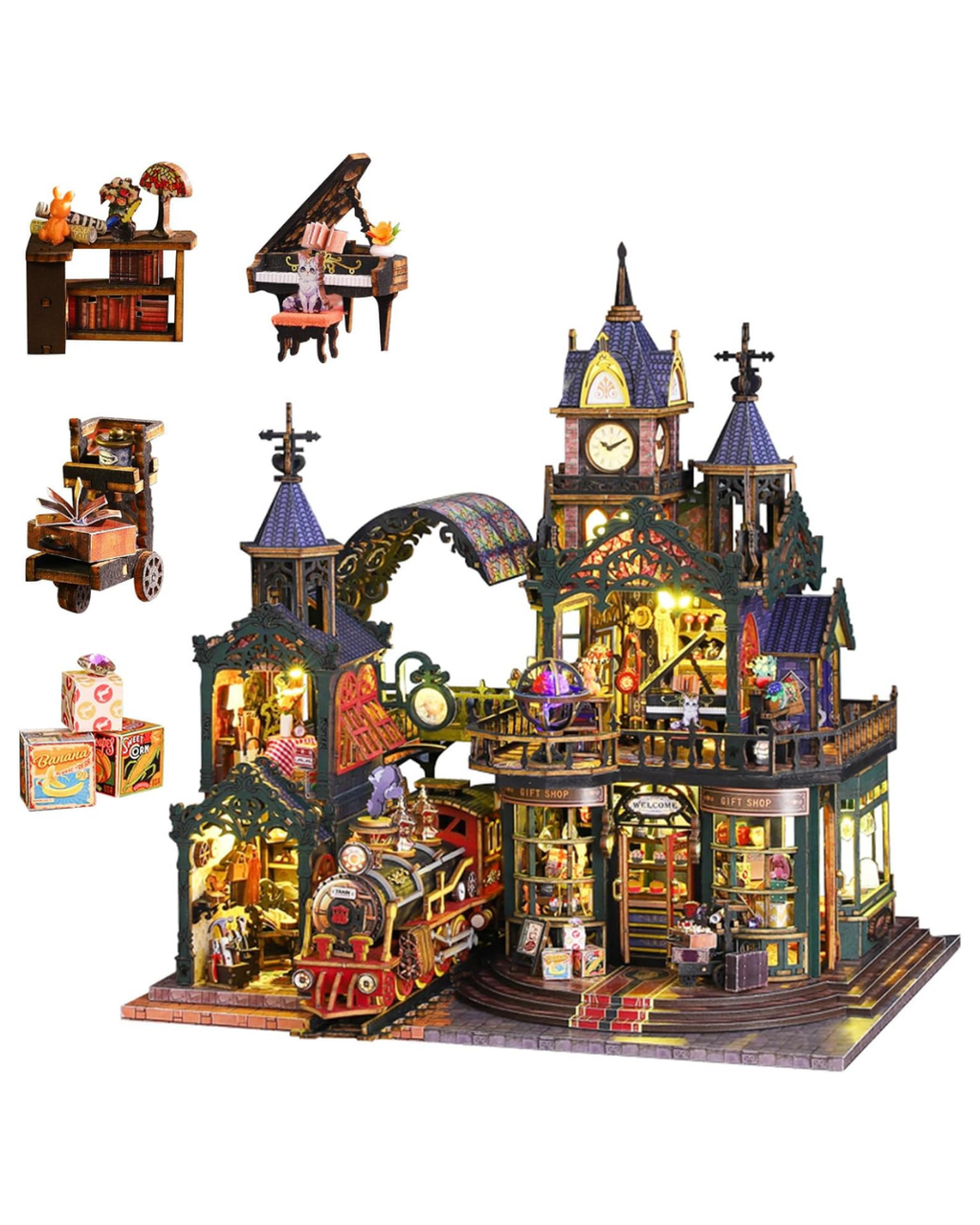 Steampunk DIY Miniature House with Rail Track & LED Lighting