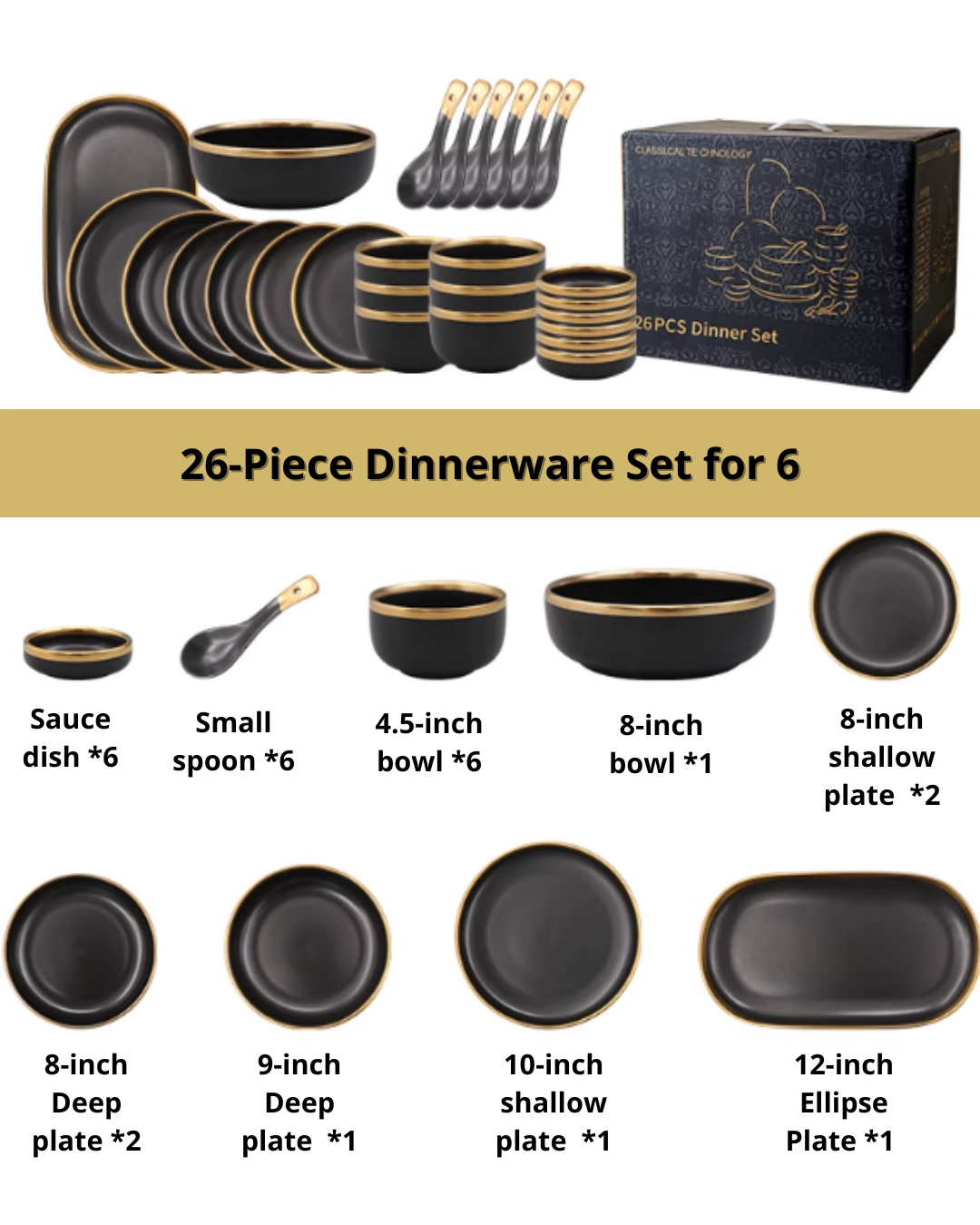 Nordic Matte Black Ceramic Dinnerware Set – Minimalist Gold-Trim Porcelain