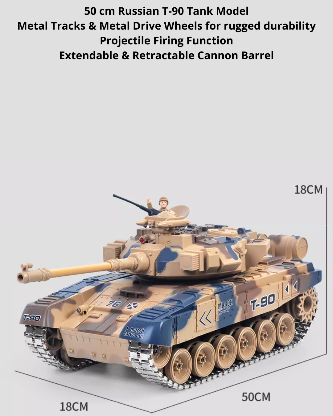 50CM RC Battle Tank with Metal Tracks, 360° Turret & Smoke Effects