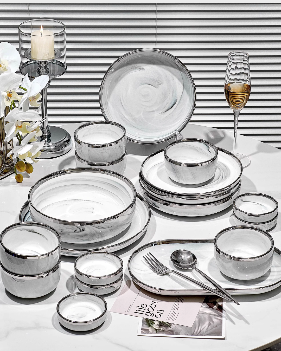 Marble-Style Premium Ceramic Dinnerware Set – Silver-Trim Luxury