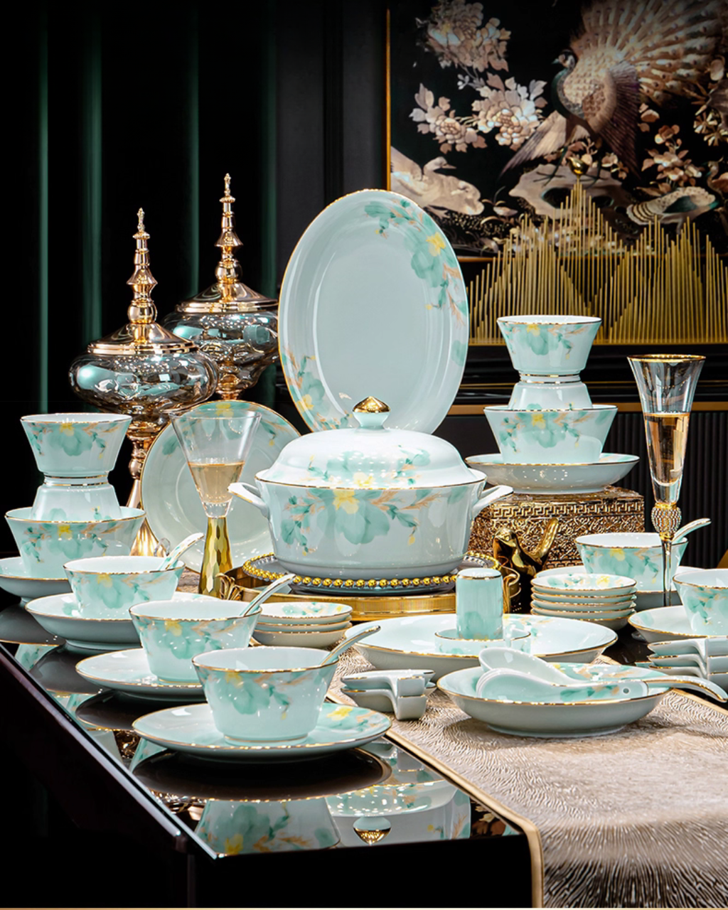 Luxury Celadon Ceramic Dinnerware Set with Hand-Painted Gold Trim