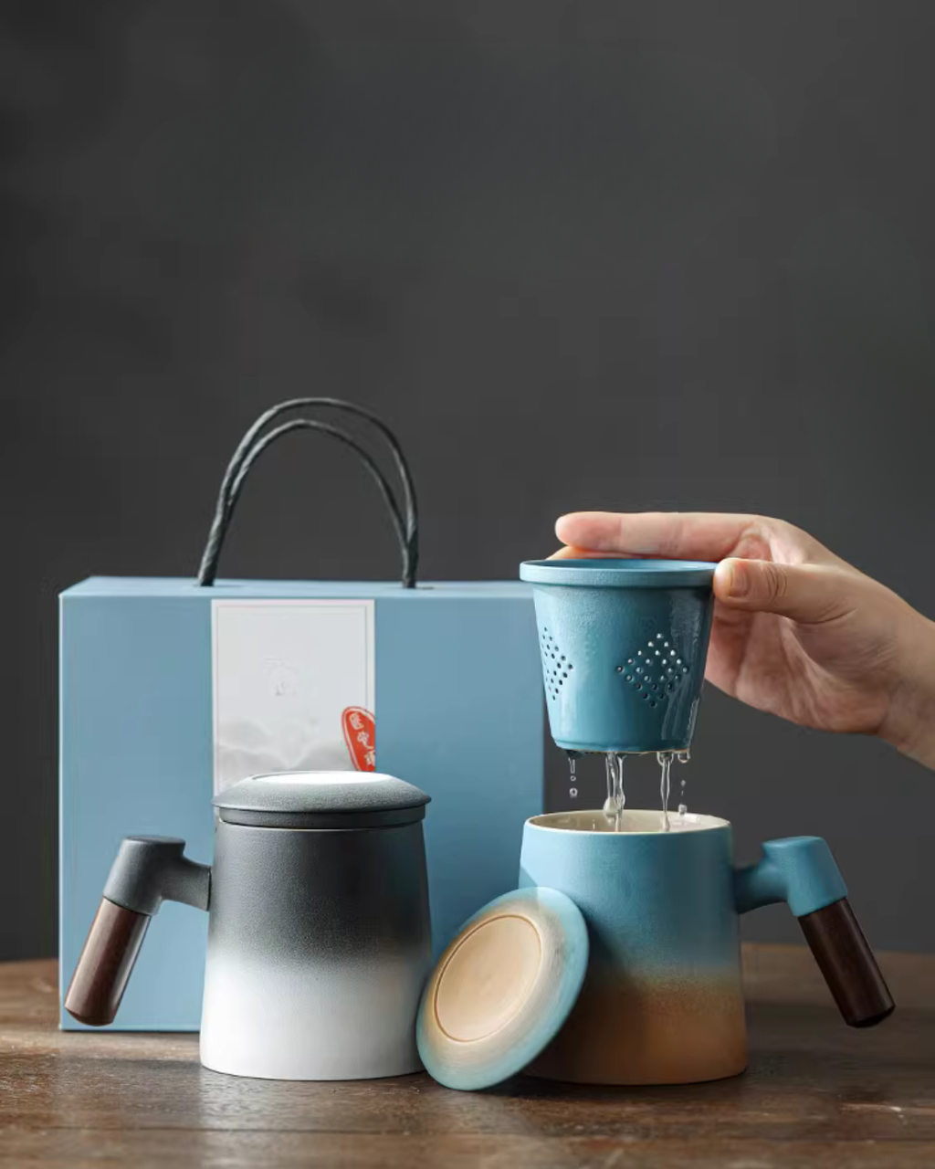 Wood Handle Ceramic Tea Mug with Infuser for Office & Home