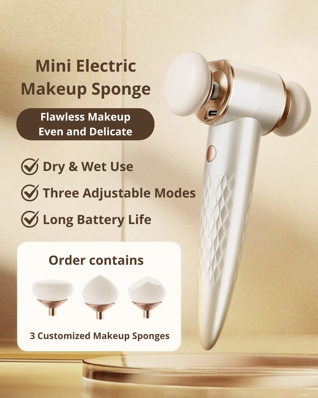 Portable Mini Electric Makeup Sponge — Wet & Dry, 3 Speeds, Travel-Friendly