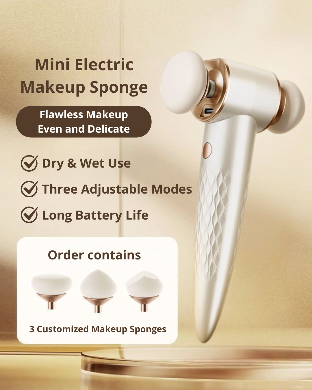 Portable Mini Electric Makeup Sponge — Wet & Dry, 3 Speeds, Travel-Friendly