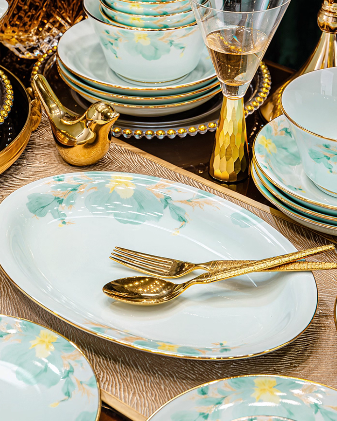 Luxury Celadon Ceramic Dinnerware Set with Hand-Painted Gold Trim
