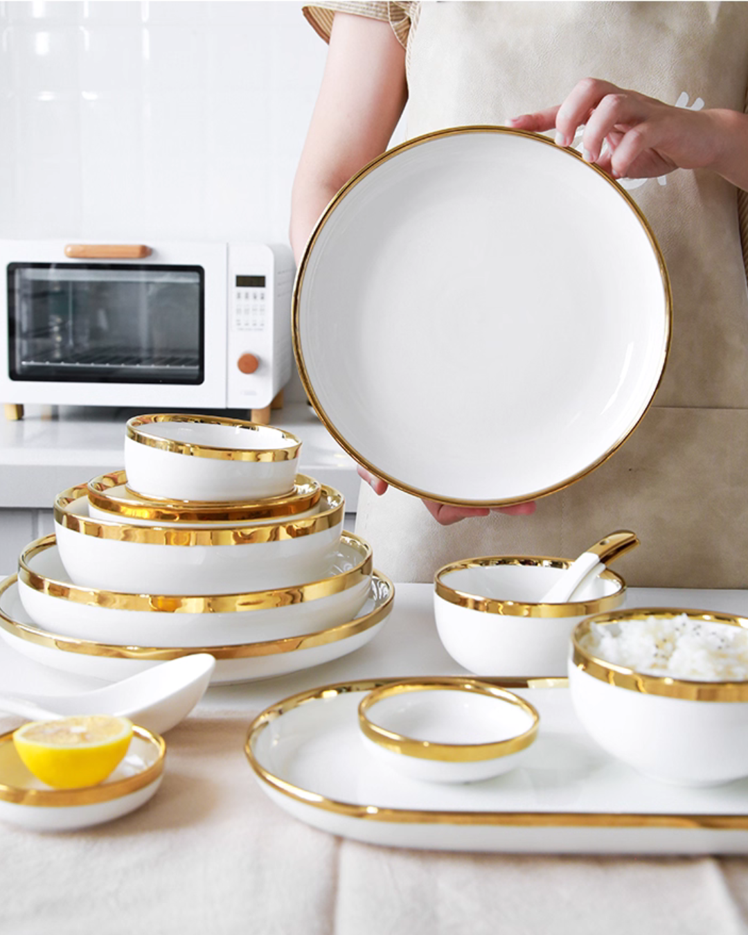 Nordic Luxe Gold-Trim Dinnerware Set – Minimalist Porcelain for Home