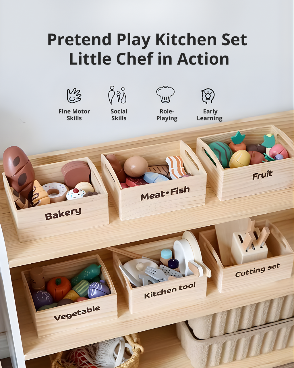 Kids Wooden Play Kitchen & Food Toy Set – Pretend Play for Toddlers