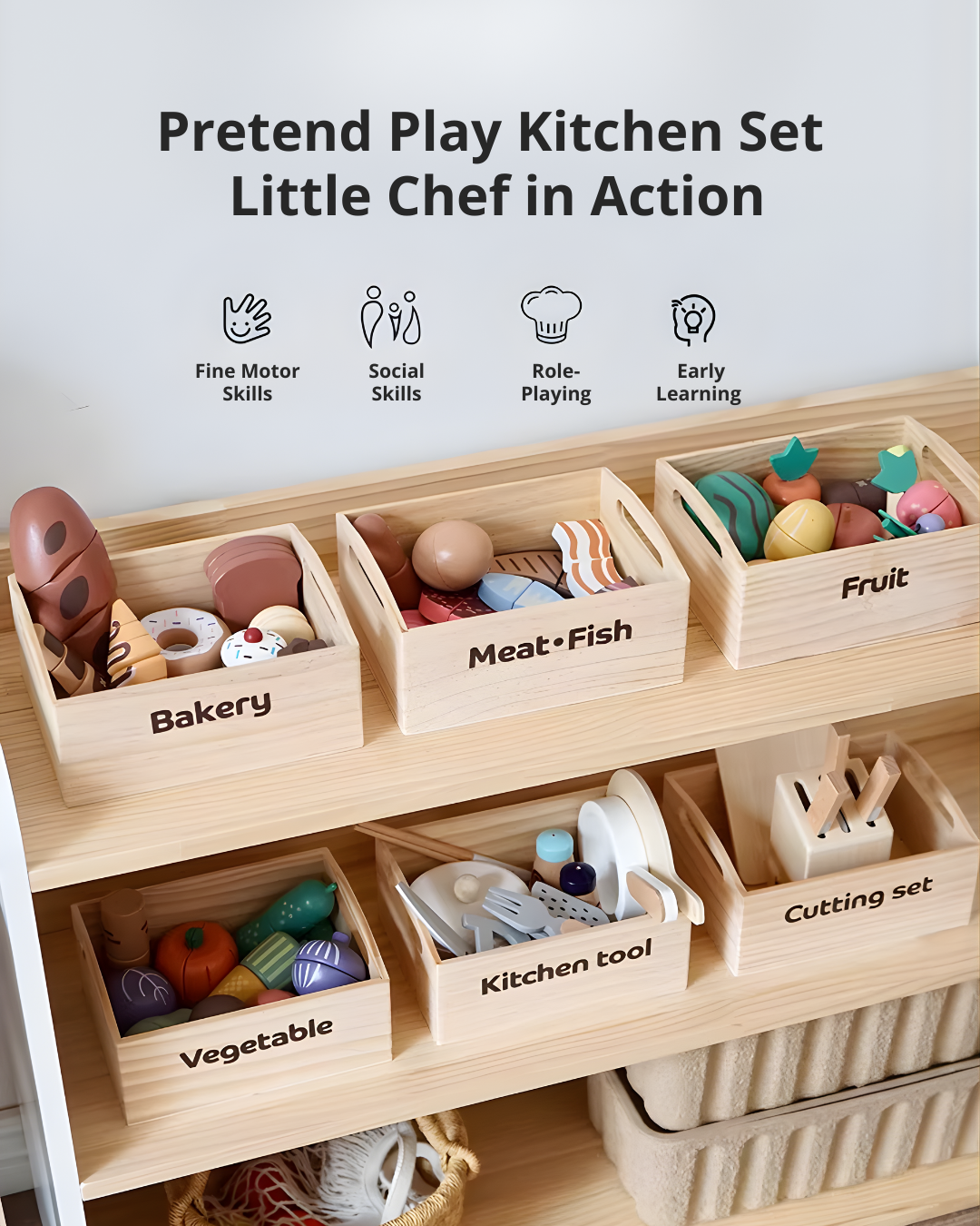 Kids Wooden Play Kitchen & Food Toy Set – Pretend Play for Toddlers