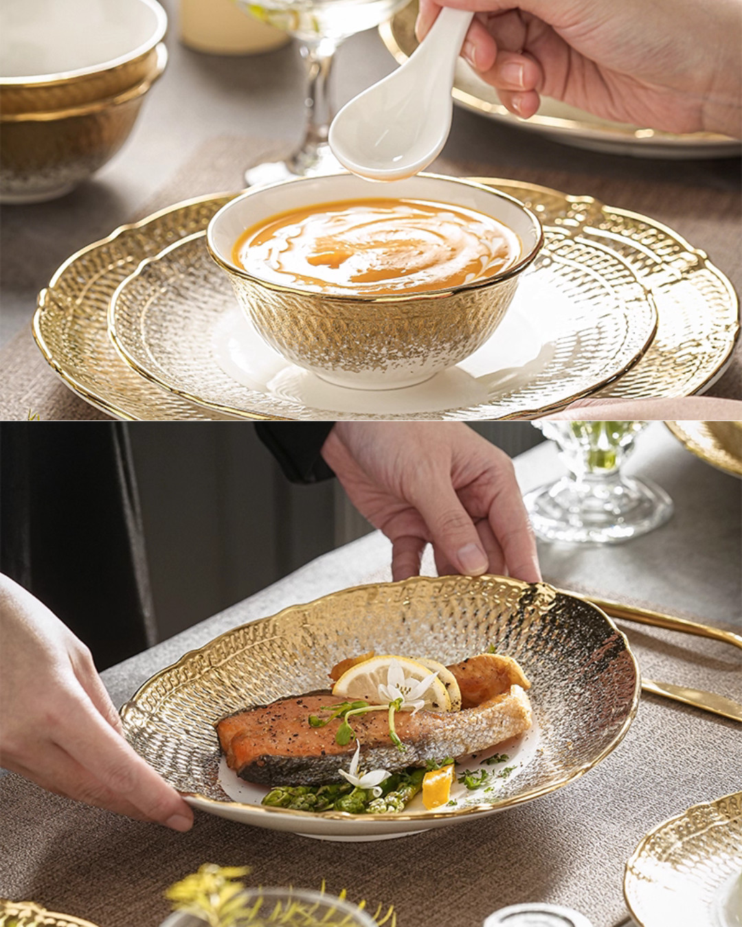 Elegant Porcelain Dinnerware Set with Gold Rim for Everyday Dining