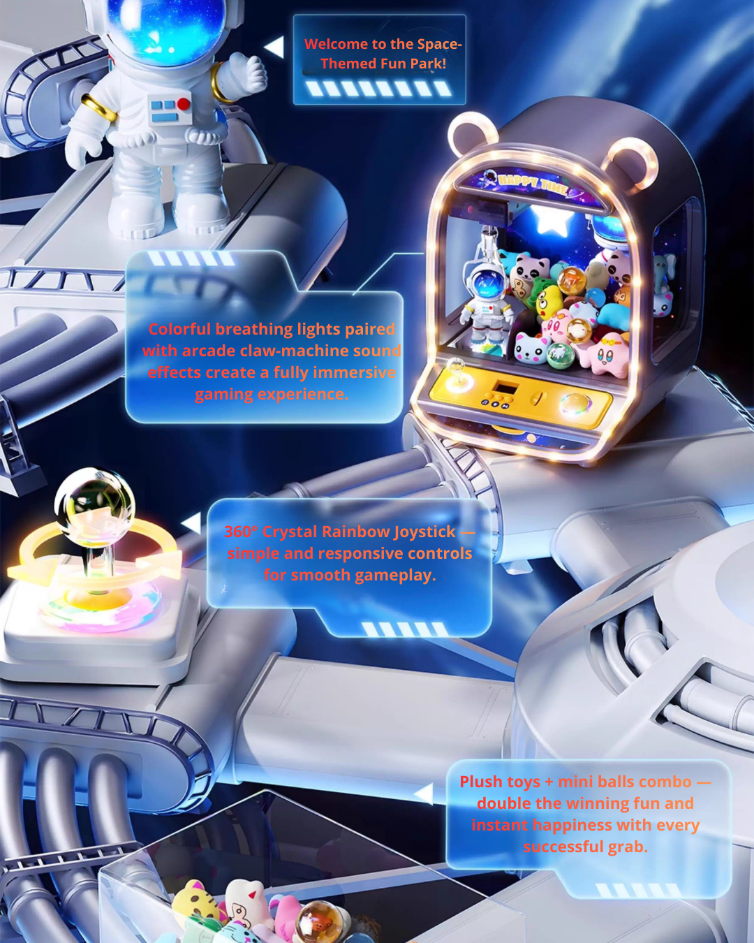 Space Theme Claw Machine Toy — Joystick, LED Lights & Alloy Claw Grip