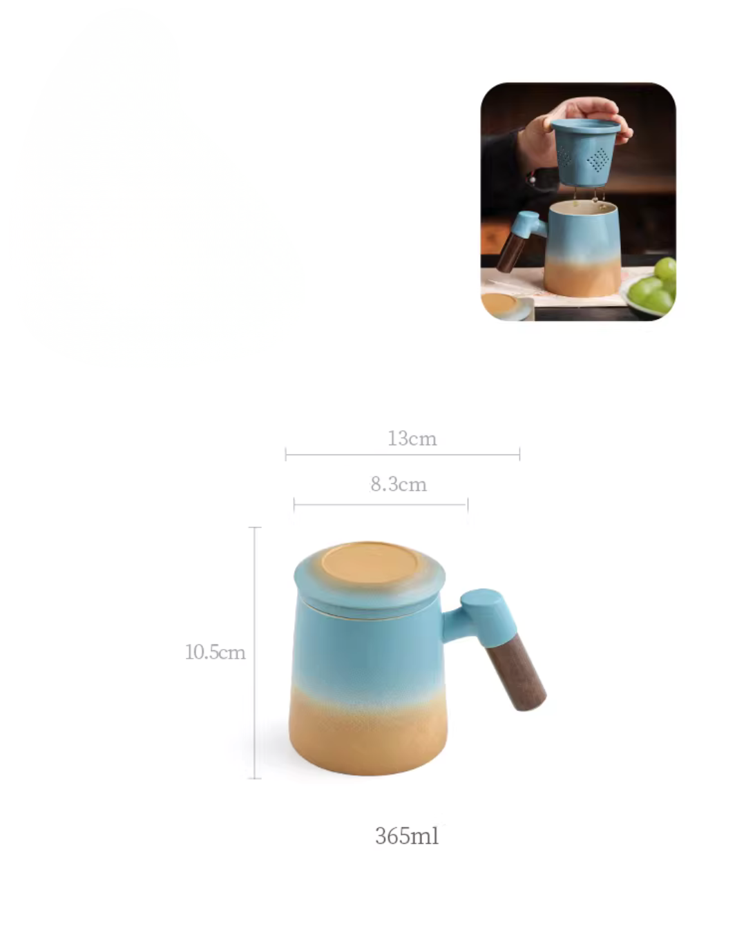 Wood Handle Ceramic Tea Mug with Infuser for Office & Home