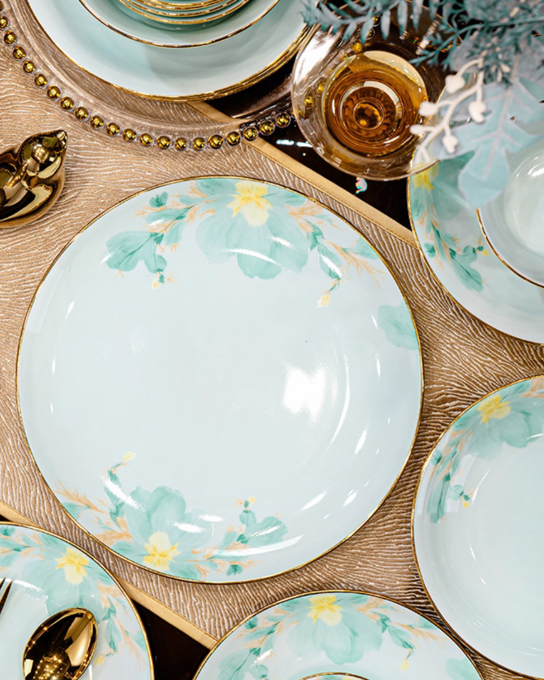 Luxury Celadon Ceramic Dinnerware Set with Hand-Painted Gold Trim