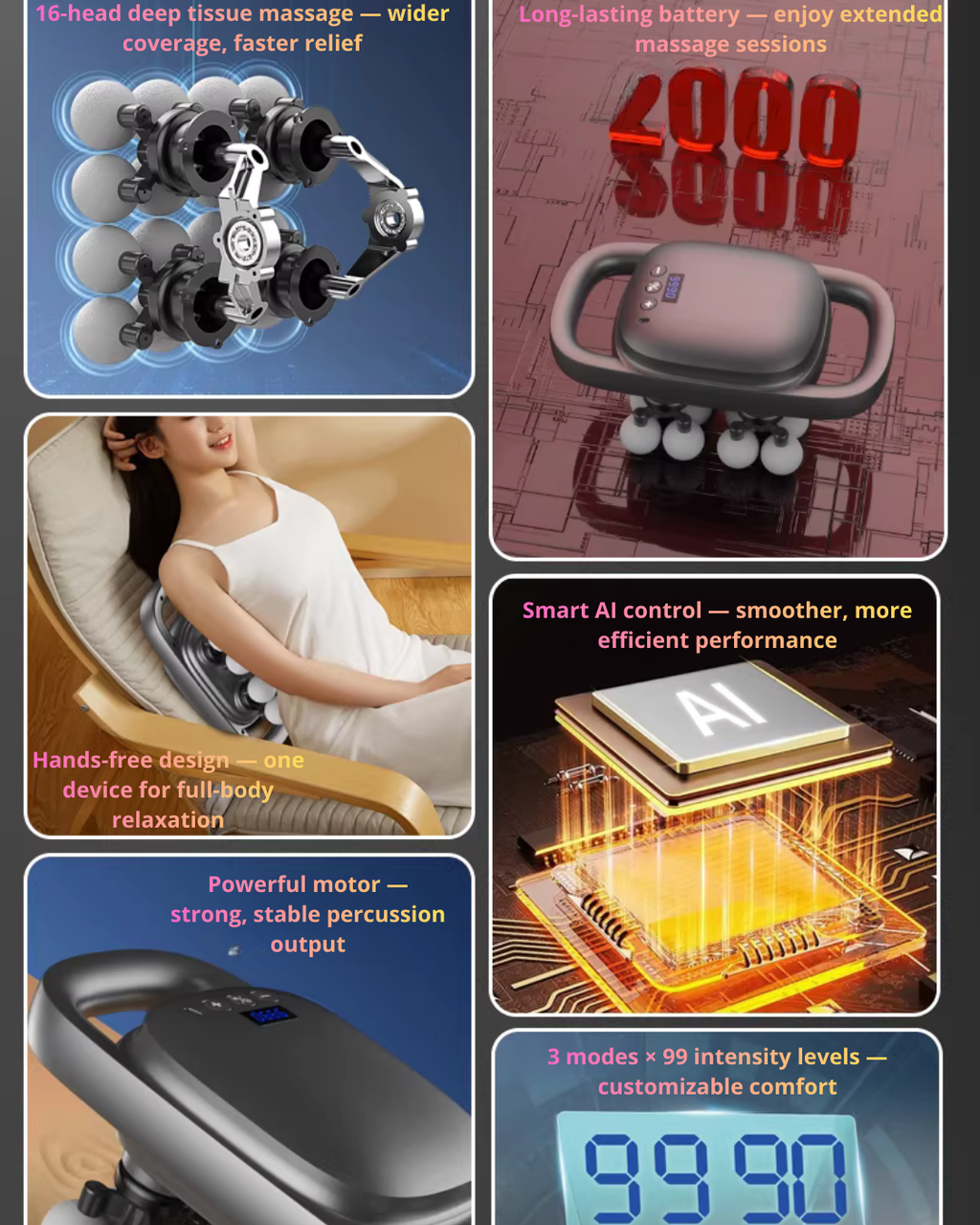 16-Head Deep Tissue Massage Gun for Muscle Recovery & Pain Relief