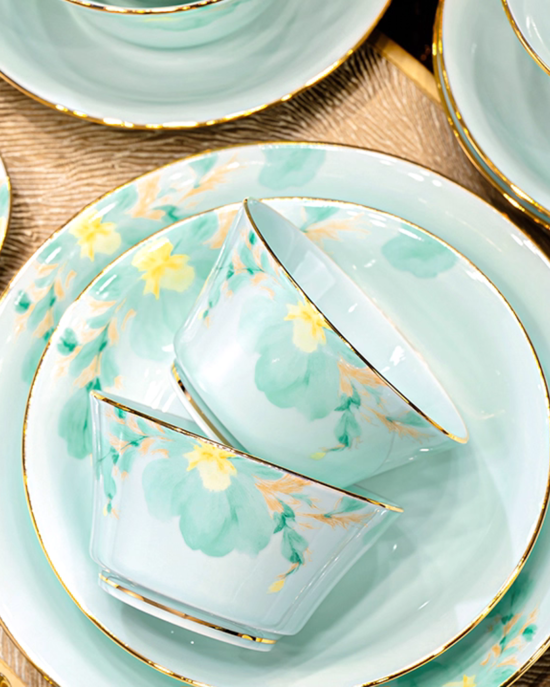 Luxury Celadon Ceramic Dinnerware Set with Hand-Painted Gold Trim