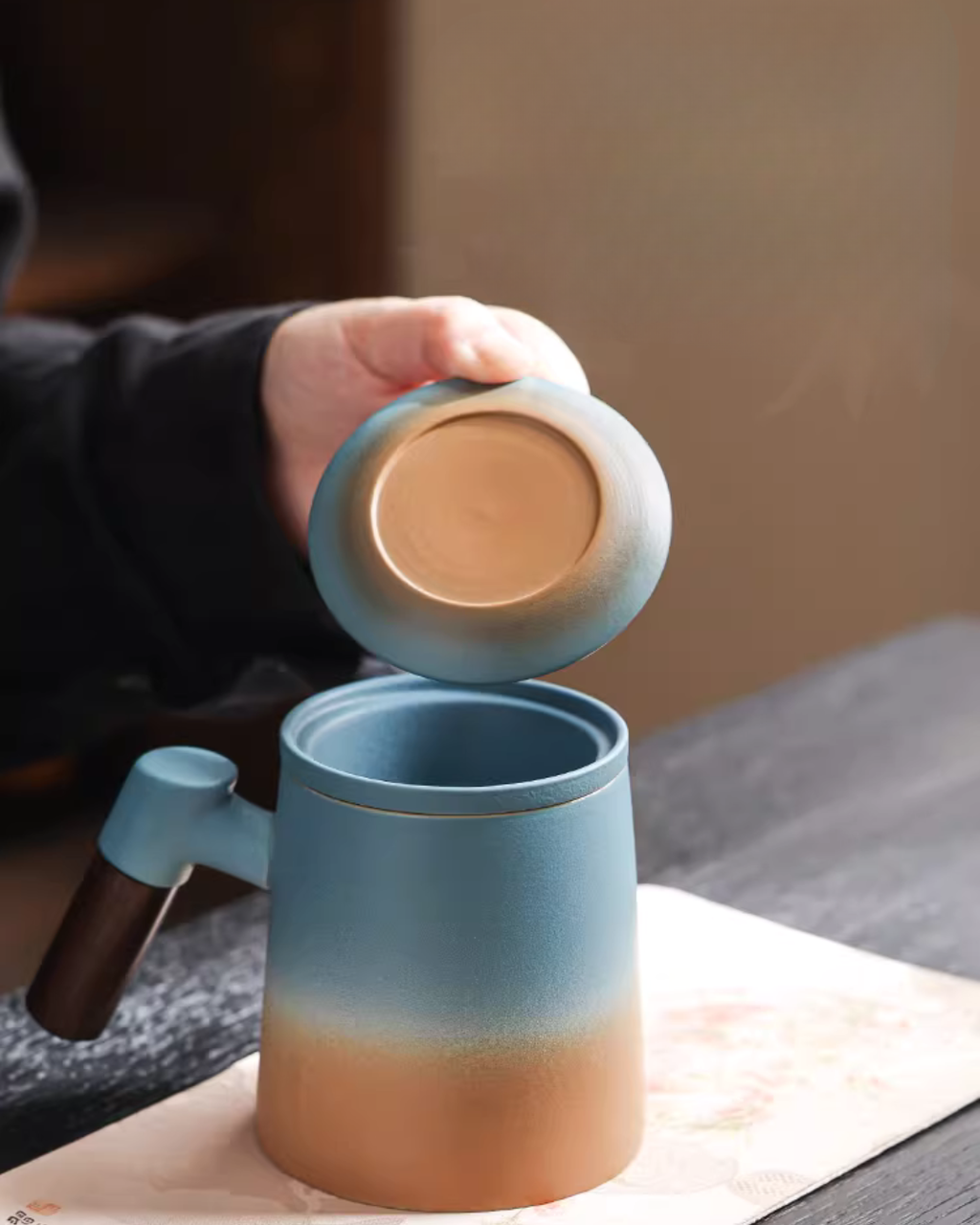 Wood Handle Ceramic Tea Mug with Infuser for Office & Home