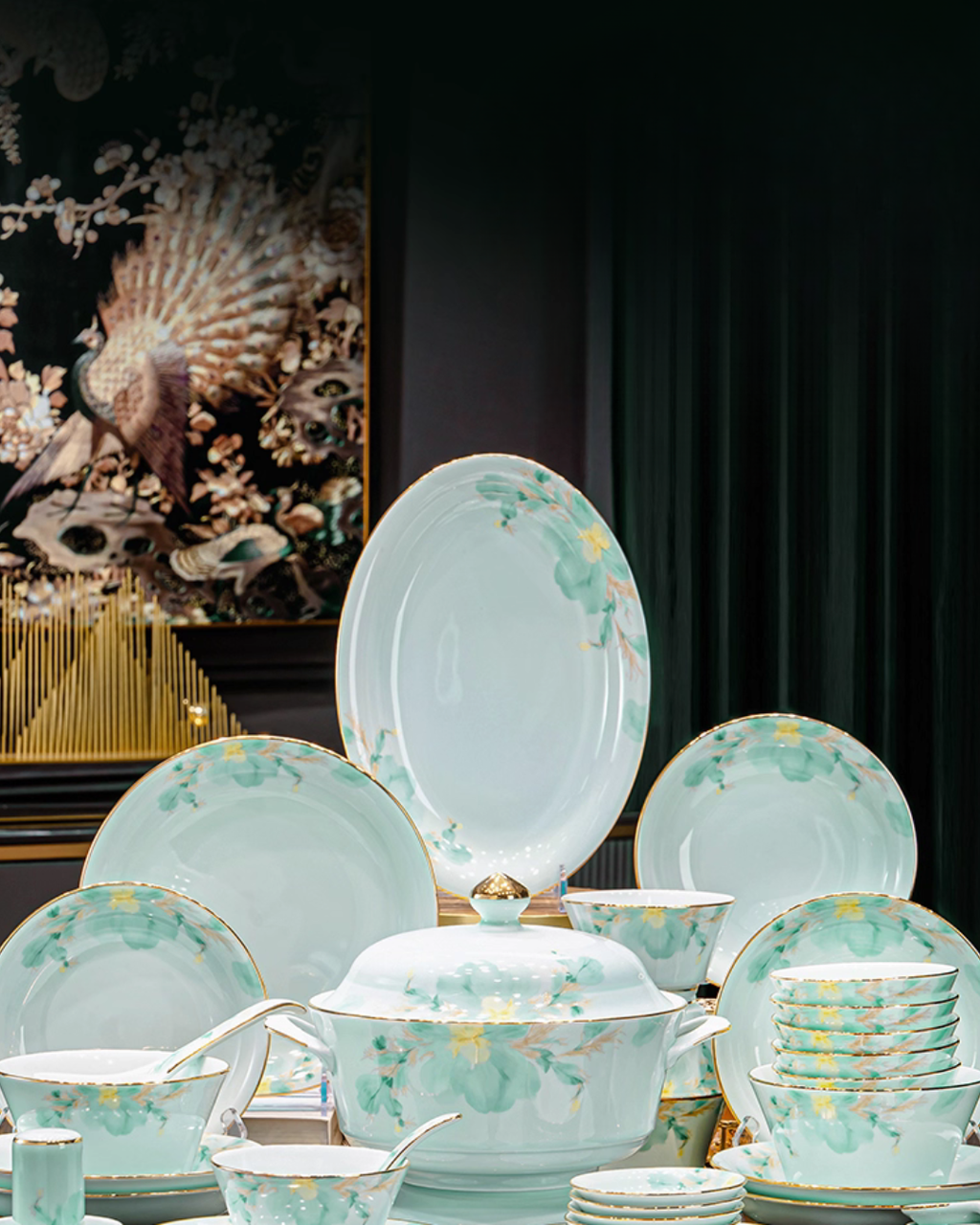 Luxury Celadon Ceramic Dinnerware Set with Hand-Painted Gold Trim