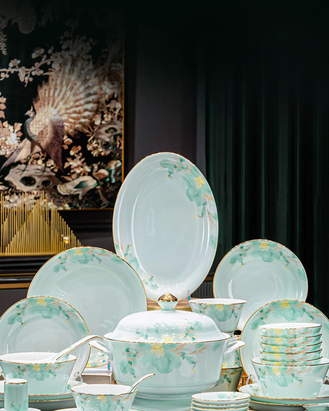 Luxury Celadon Ceramic Dinnerware Set with Hand-Painted Gold Trim