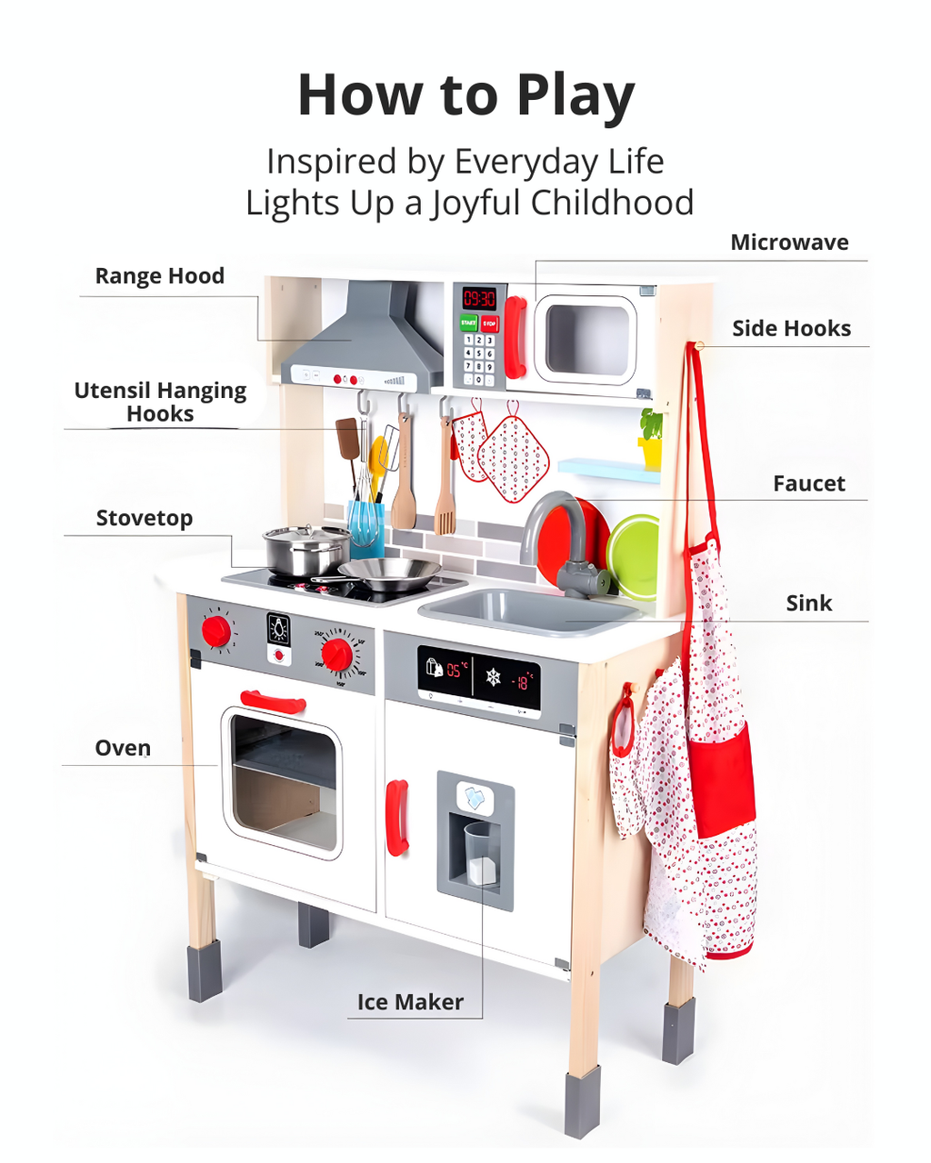 Kids Wooden Play Kitchen Set – Lights, Sounds & Ice Maker for Toddlers