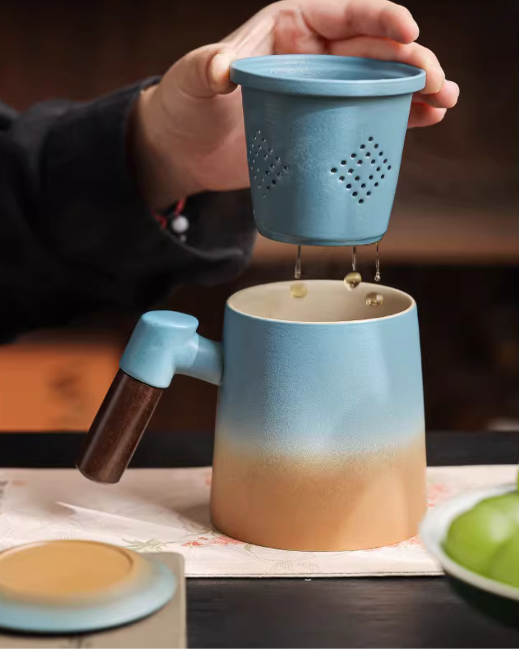 Wood Handle Ceramic Tea Mug with Infuser for Office & Home
