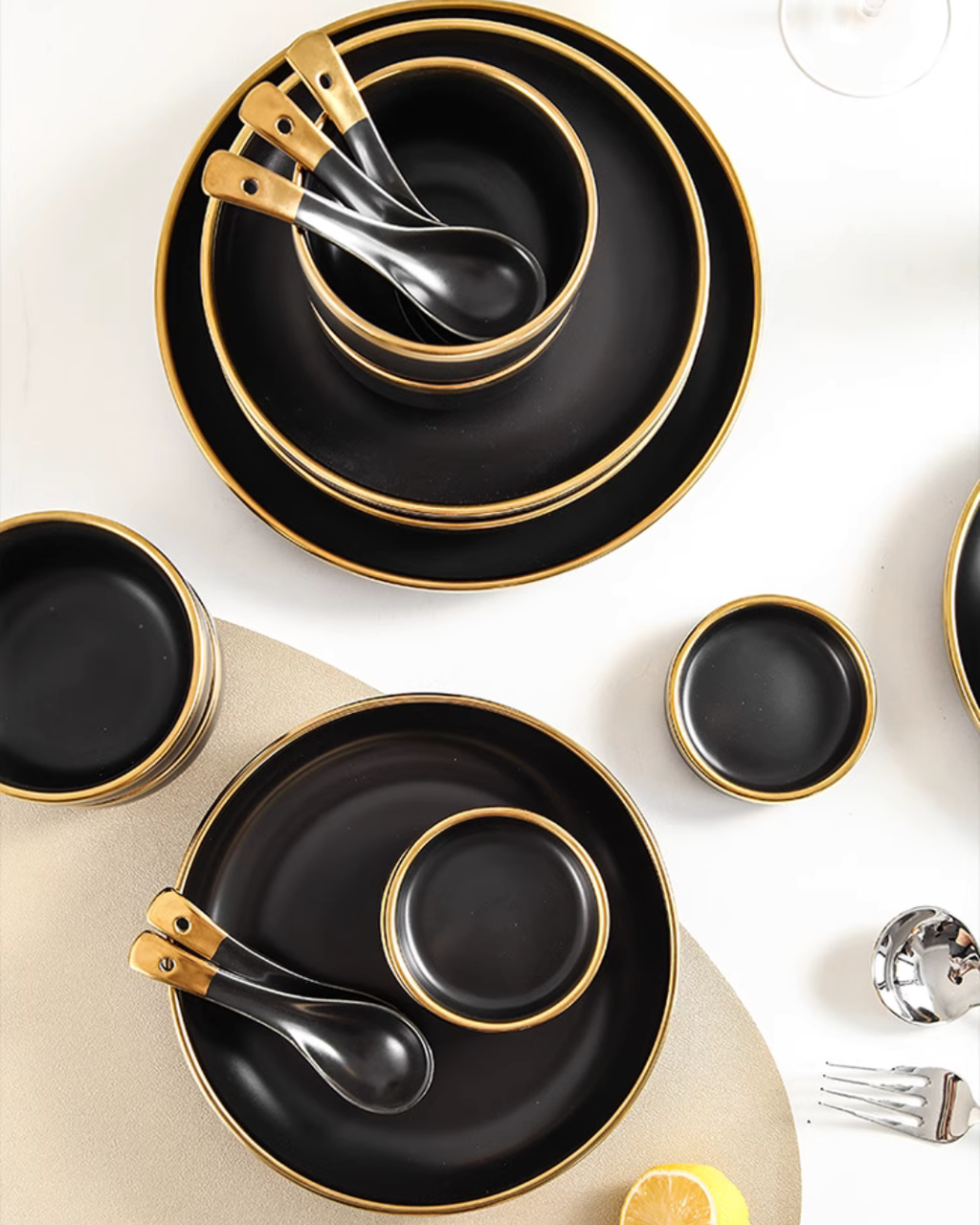 Nordic Matte Black Ceramic Dinnerware Set – Minimalist Gold-Trim Porcelain