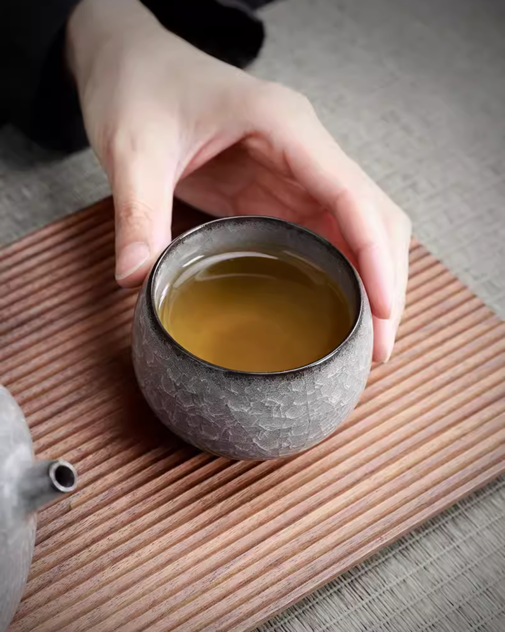 Black Ice Blossom Ceramic Tea Cup for Mindful Daily Rituals