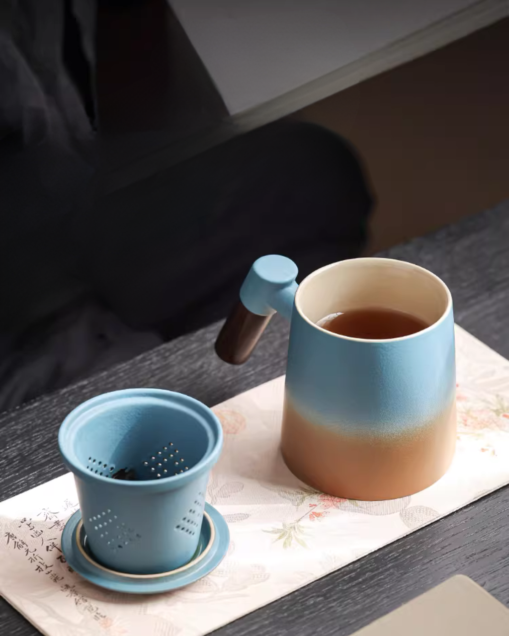 Wood Handle Ceramic Tea Mug with Infuser for Office & Home