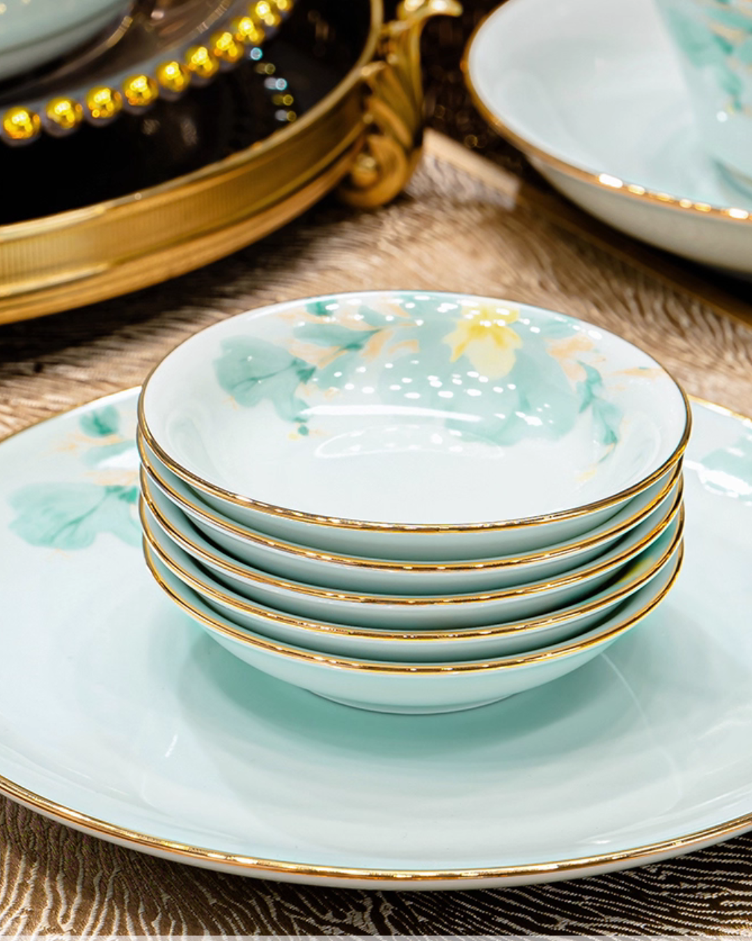 Luxury Celadon Ceramic Dinnerware Set with Hand-Painted Gold Trim