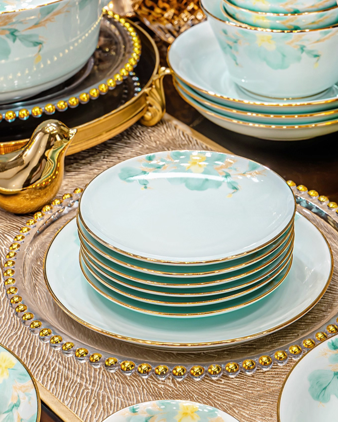 Luxury Celadon Ceramic Dinnerware Set with Hand-Painted Gold Trim