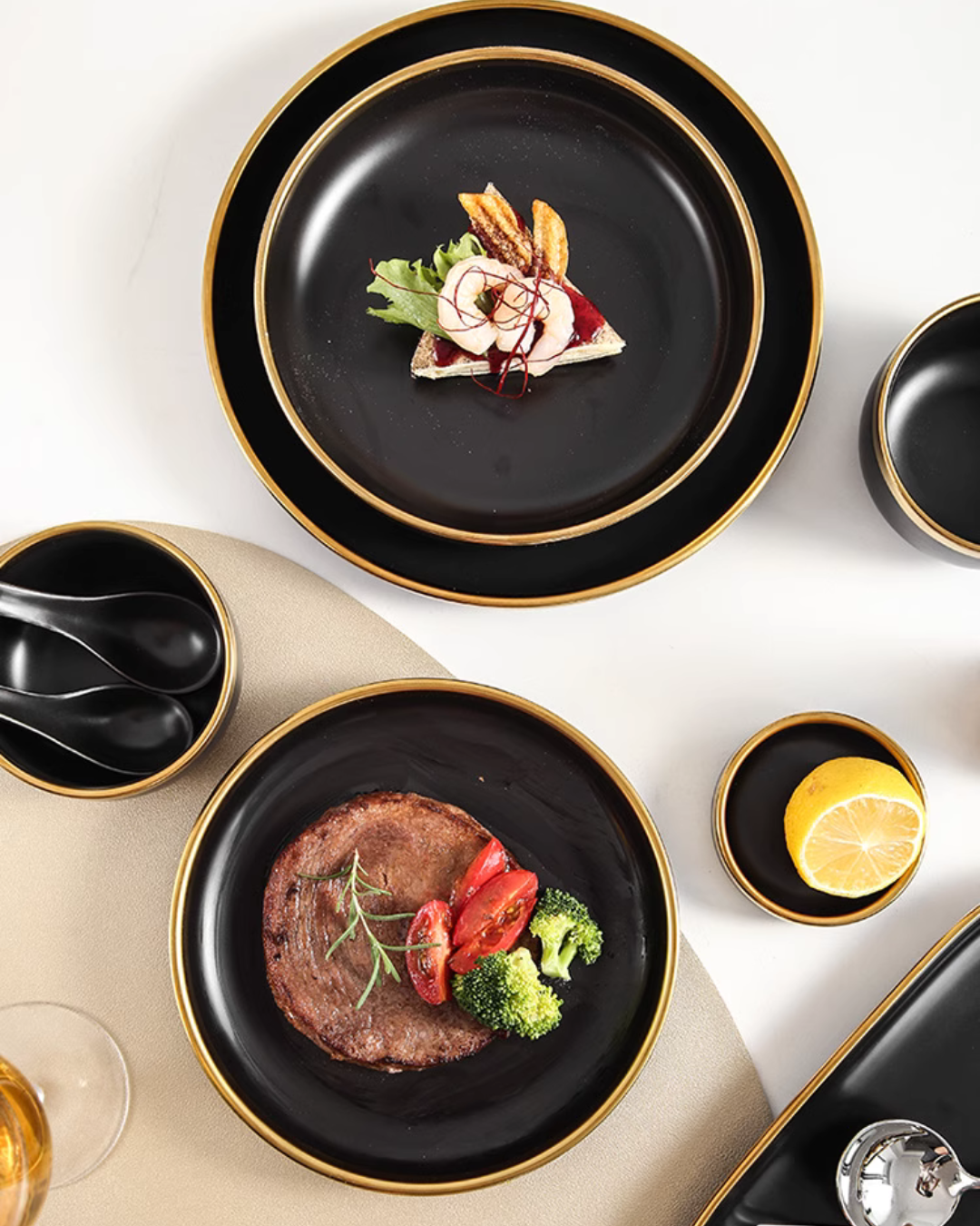 Nordic Matte Black Ceramic Dinnerware Set – Minimalist Gold-Trim Porcelain