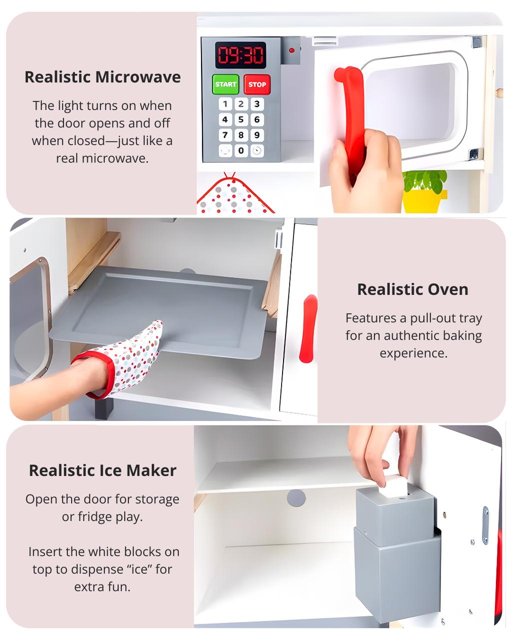 Kids Wooden Play Kitchen Set – Lights, Sounds & Ice Maker for Toddlers