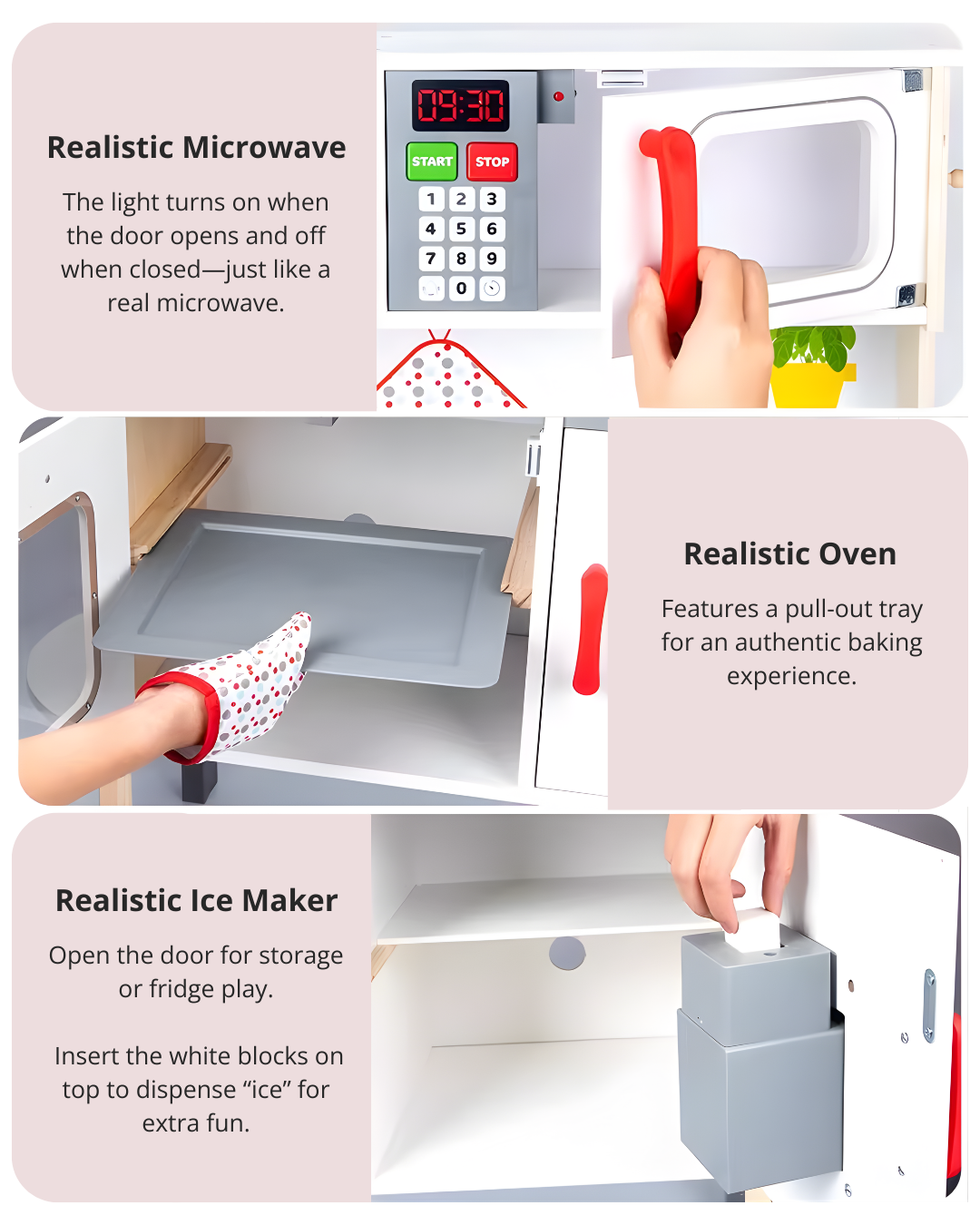 Kids Wooden Play Kitchen Set – Lights, Sounds & Ice Maker for Toddlers