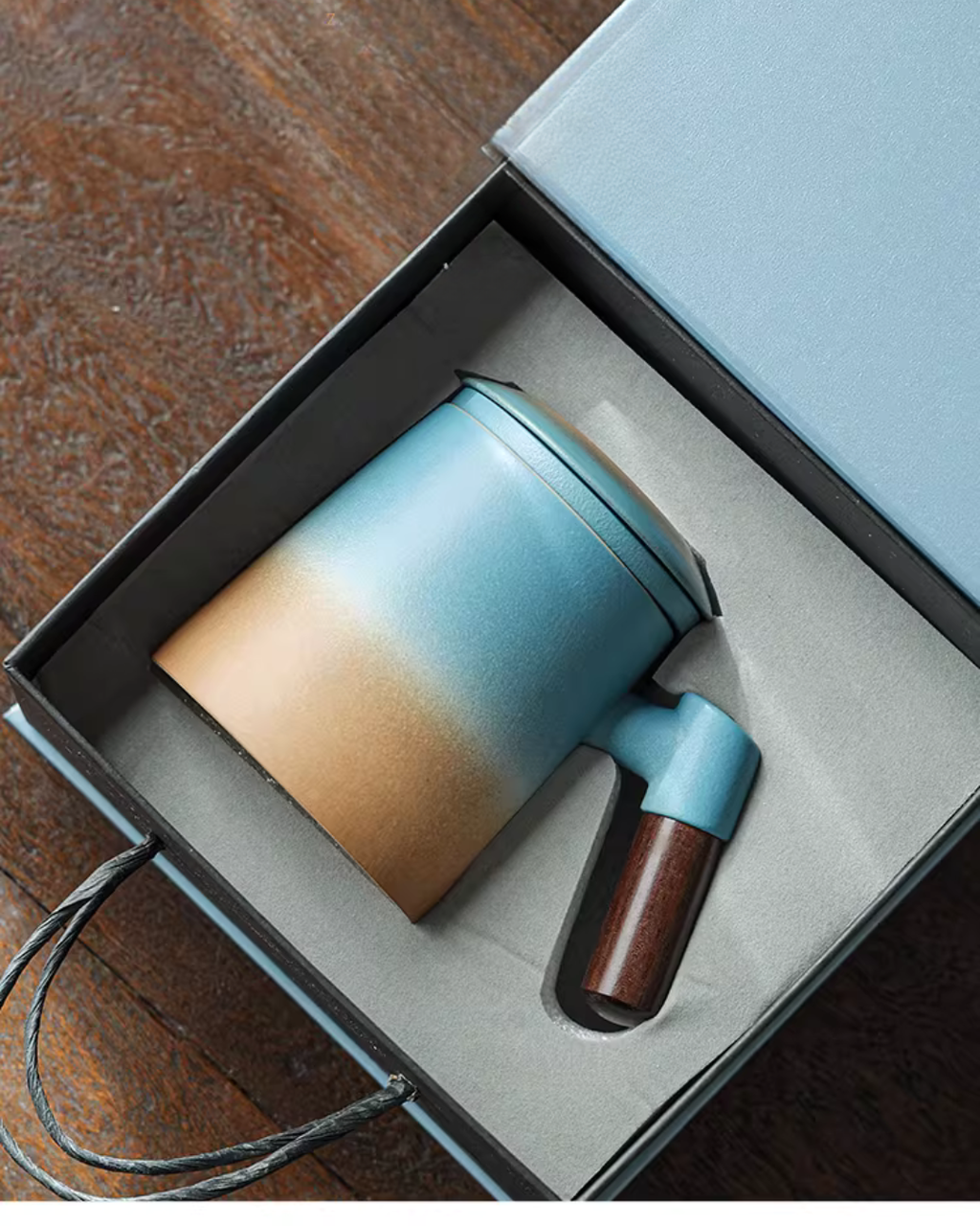 Wood Handle Ceramic Tea Mug with Infuser for Office & Home